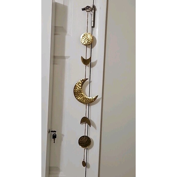 Gold Tone Hammered Metal Celestial Moon Phases Wind Chime Wall Hanging Garland - Picture 1 of 3